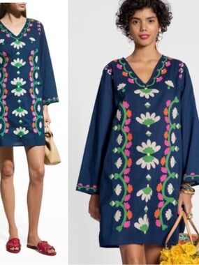 Frances Valentine Goldie Floral Applique V-Neck Tunic Dress Navy Art-to-Wear S